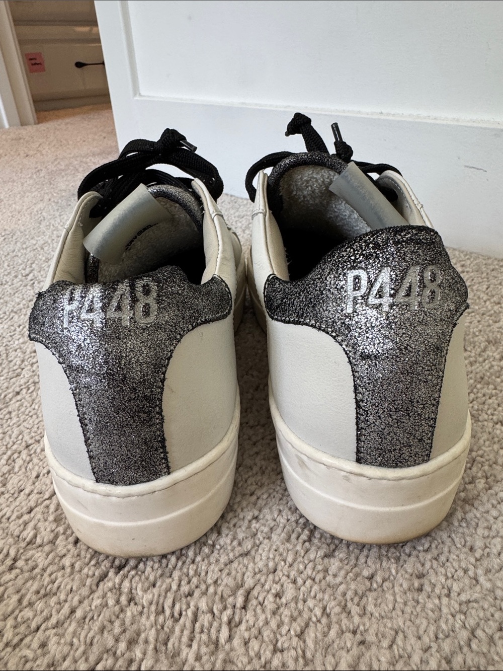 P448 White Leather Sneakers with Black Laces and Snake-Print Heel - Size 39 - Picture 6 of 10